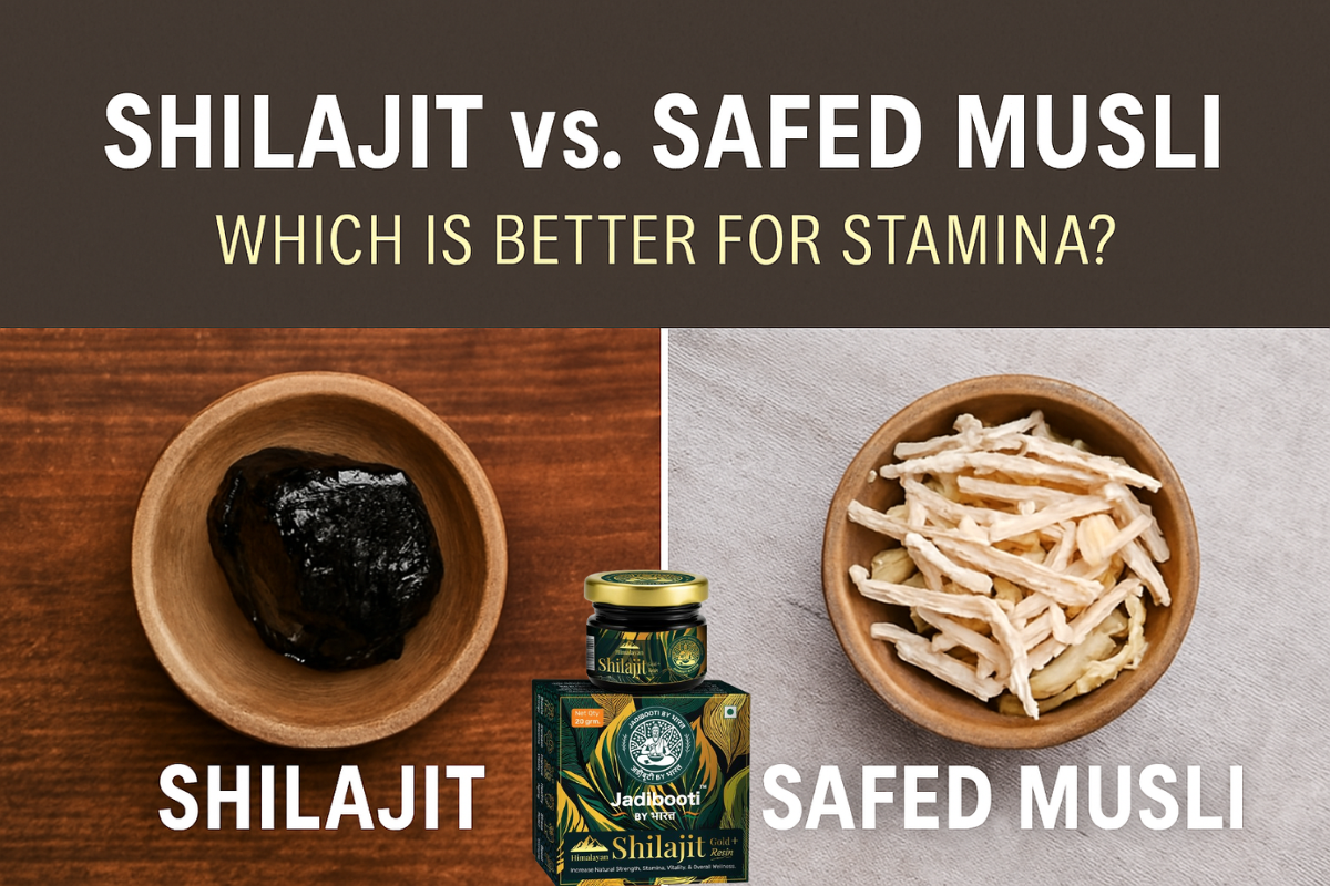 A side-by-side comparison of Shilajit and Safed Musli displayed in wooden bowls on contrasting backgrounds. The image features bold text reading “Shilajit vs. Safed Musli: Which Is Better for Stamina?” with Shilajit shown as a dark resin and Safed Musli a